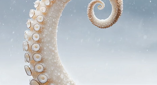 Flexibler Oktopustentakel mit Saugnäpfen im Schneefall – symbolisiert die weiche, anpassungsfähige Gummimischung der Nissan Winterreifen für kurze Bremswege selbst bei Kälte.